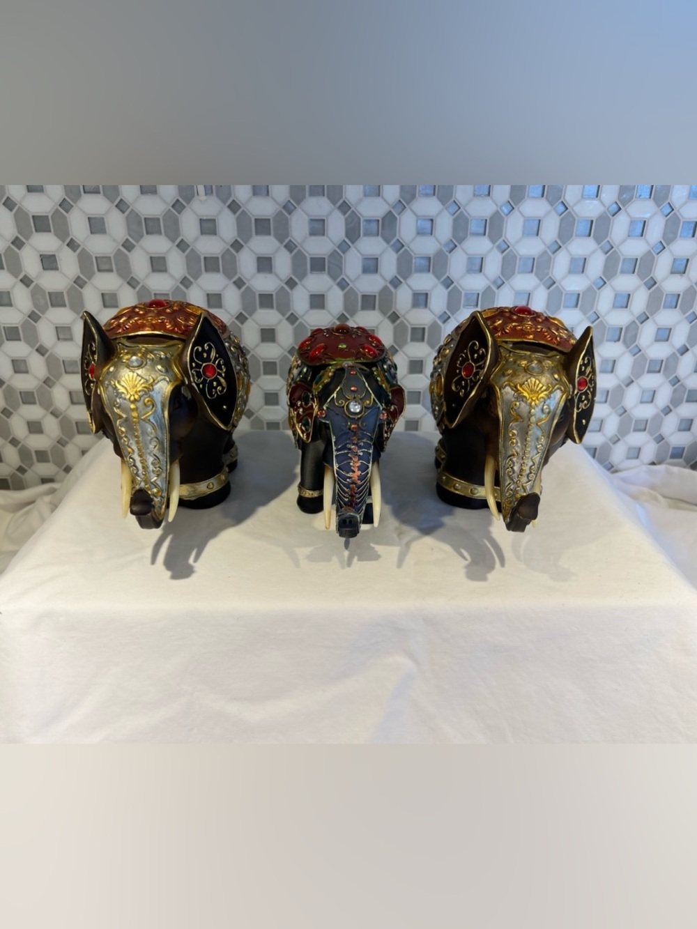 Ornate Jeweled Rhinestone Elephant Figurine Statue, Trunk Up Set Of 3